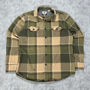 Vissla tan/green plaid brushed flannel casual button up shirt mens Large